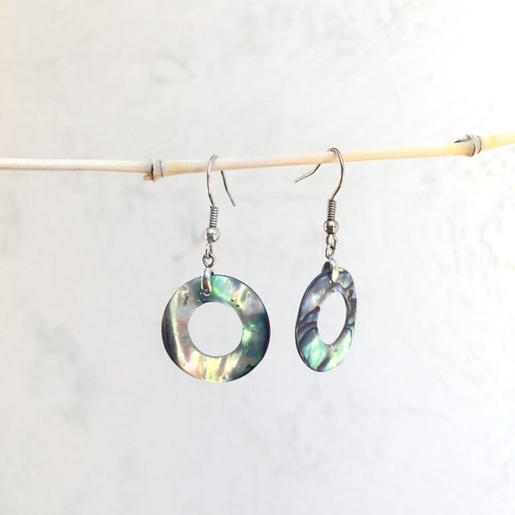 Iridescent Seashell Circle Dangle Hook Earrings - Picture 3 of 3